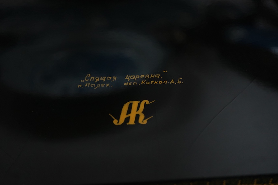 A Becha Russian hand painted black lacquer large mantel clock, 36cm high x 44cm wide